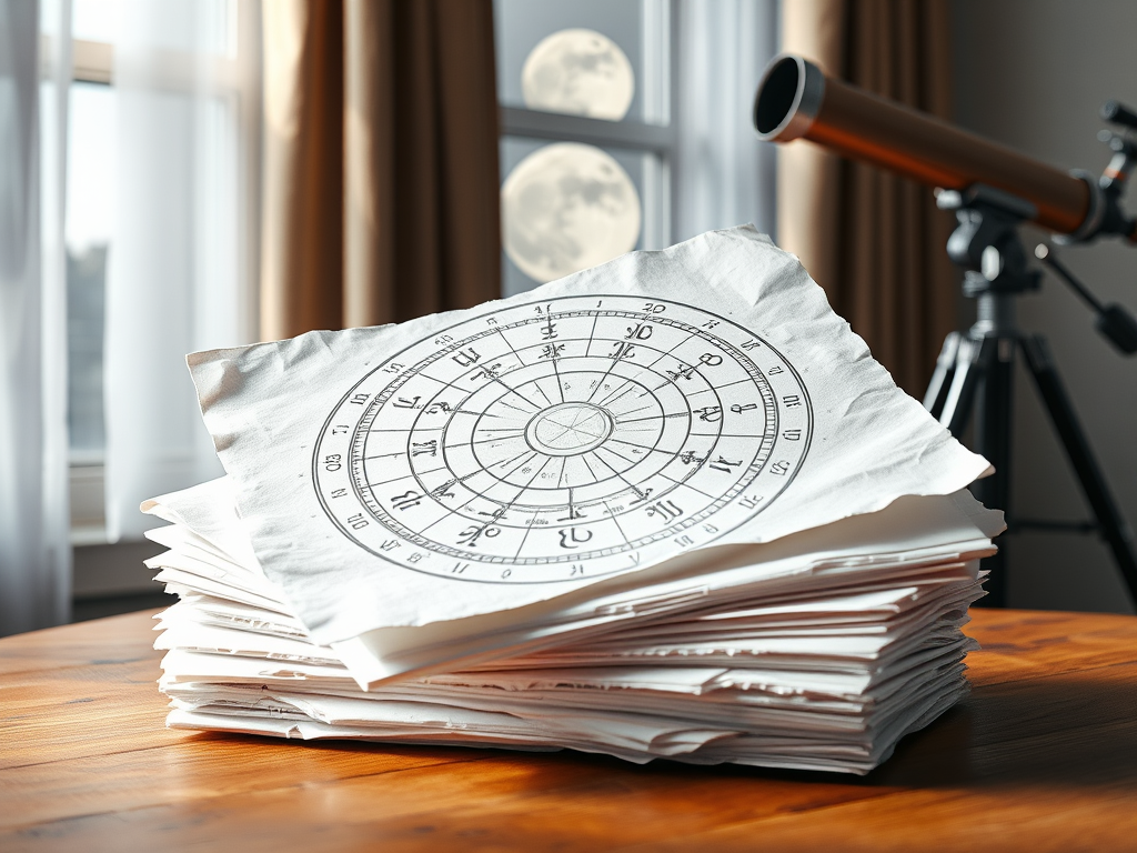 A stack of papers with a detailed astrological chart on top, placed on a wooden table, with a telescope and two full moons visible through a window in the background.