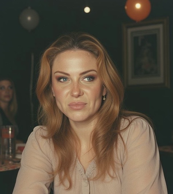 A woman with long, wavy blonde hair and natural makeup sits at a table, looking thoughtfully into the distance. In the background, a softly lit atmosphere with blurred figures is visible.